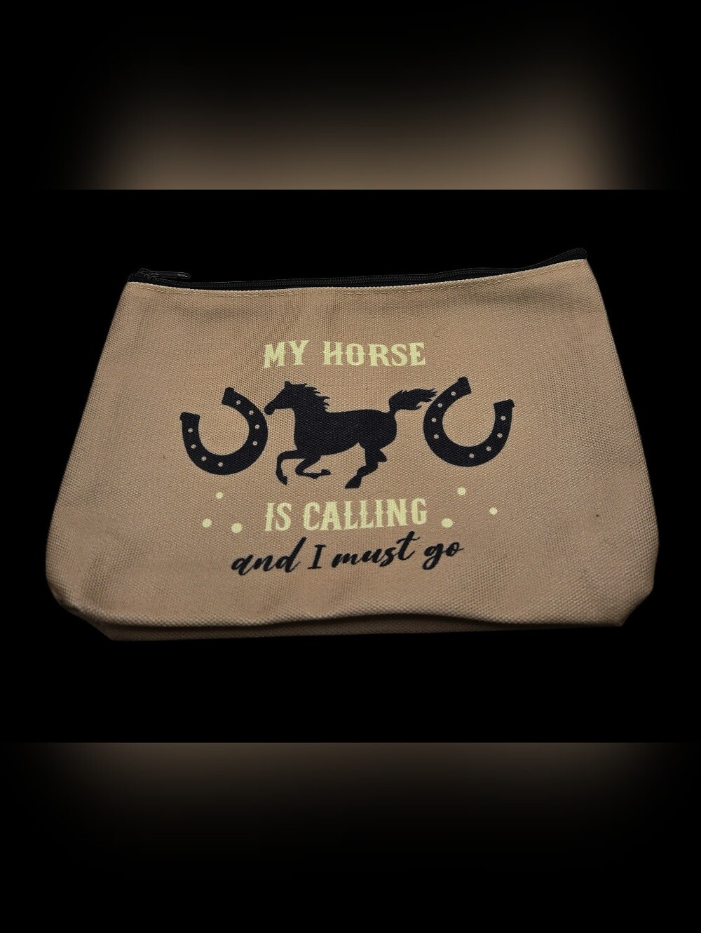 "5/$40" Tan Taupe/Black New Canvas Zip Up Horse Themed Cosmetic Make Up Bag